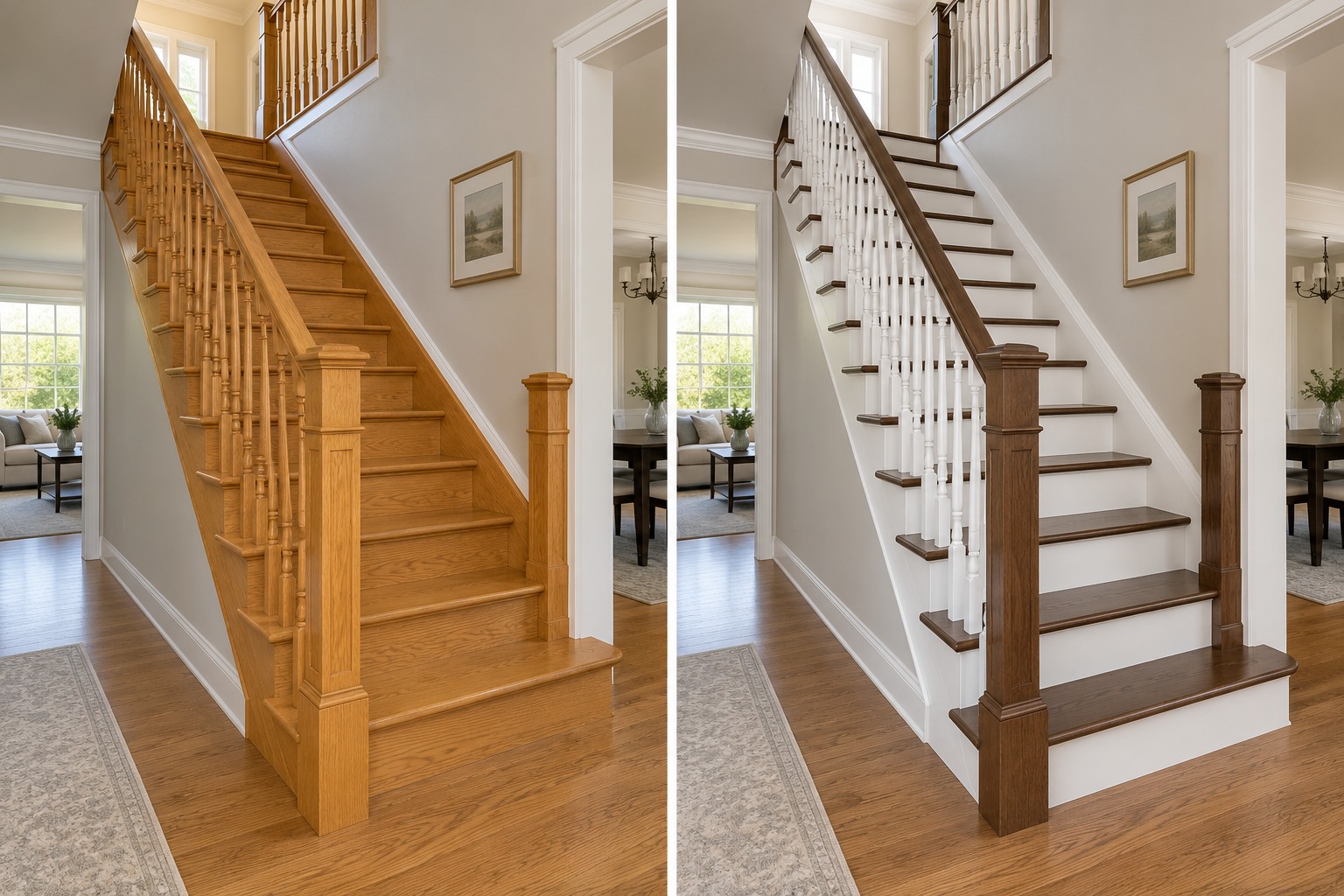 Classic split-finish staircase before and after