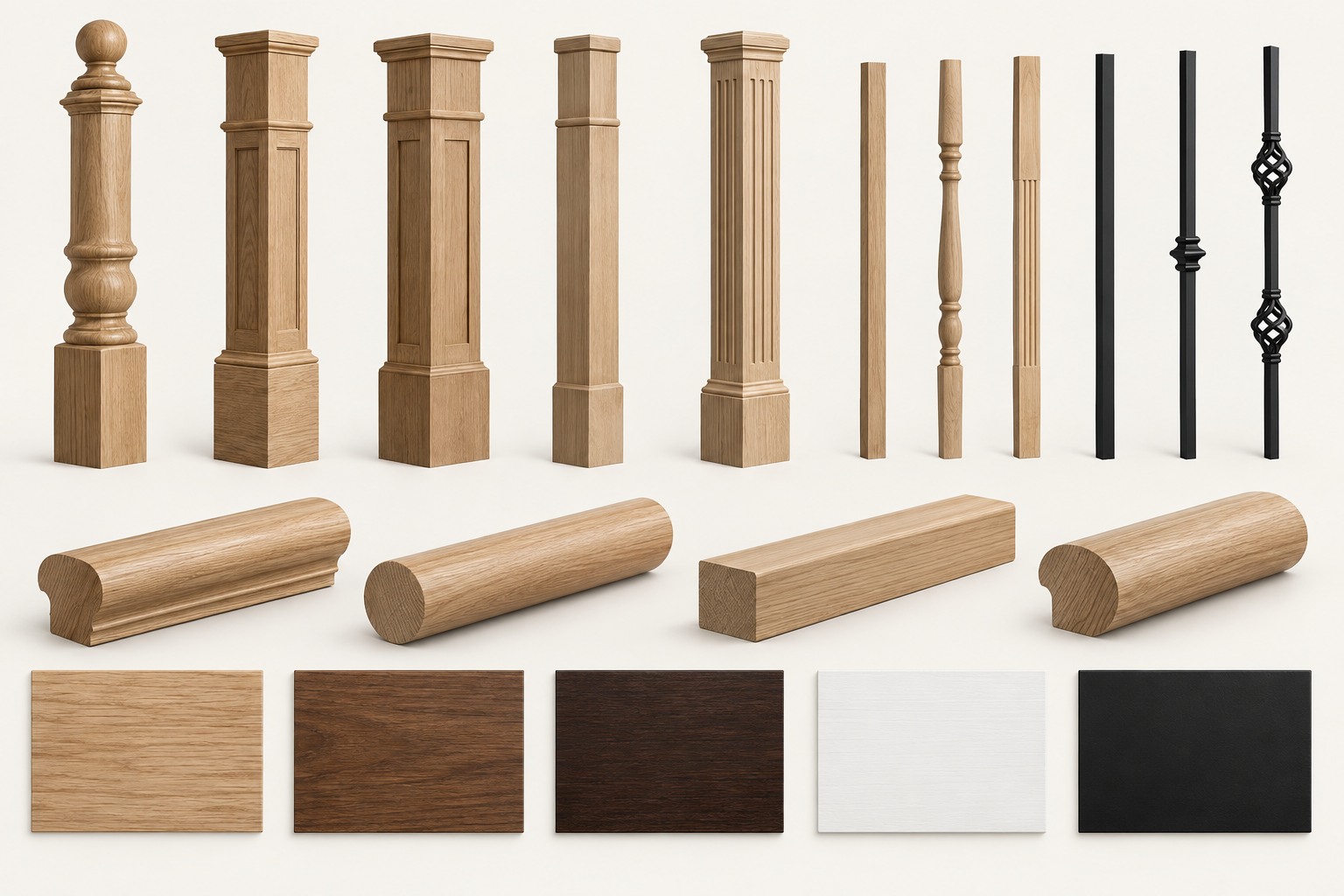 Wood posts, handrails and metal picket samples