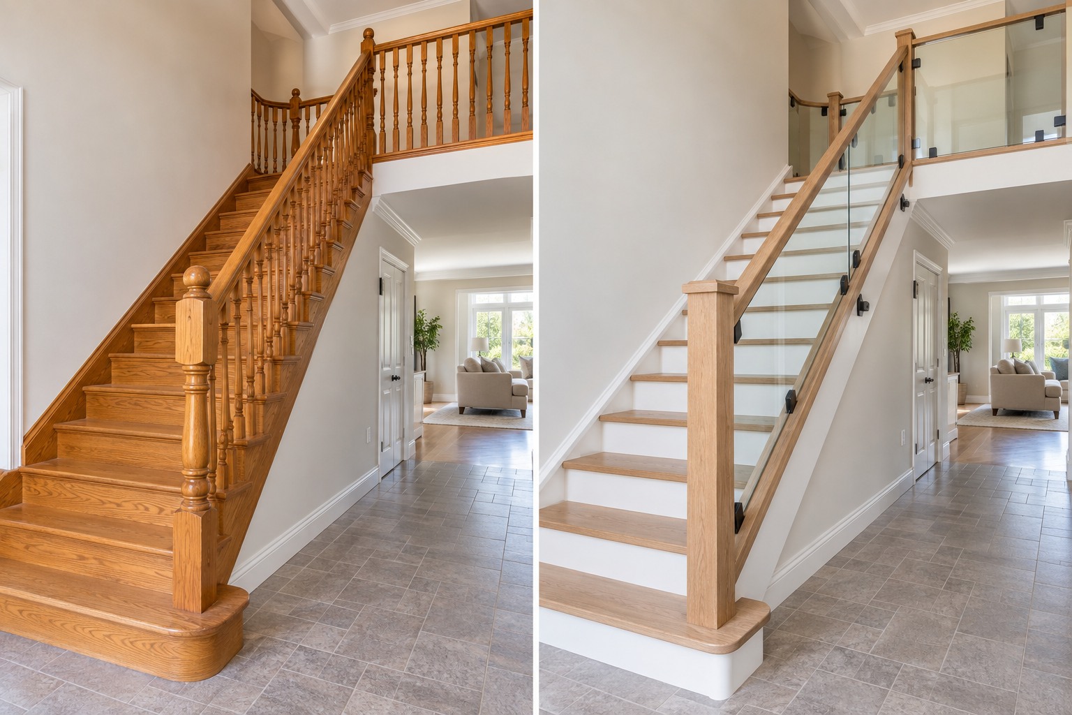 Glass staircase railing before and after