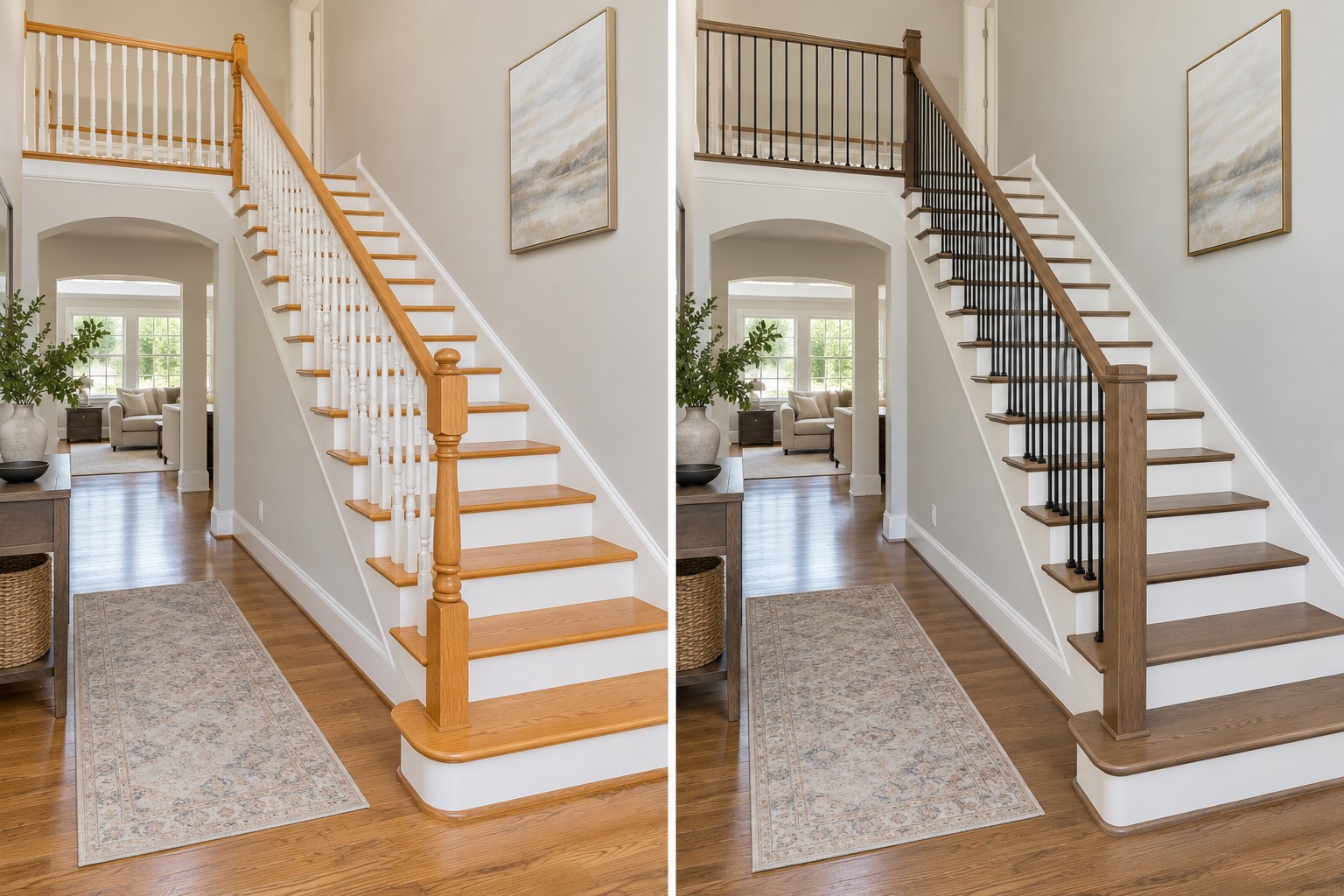 Before and after staircase transformation with black iron pickets